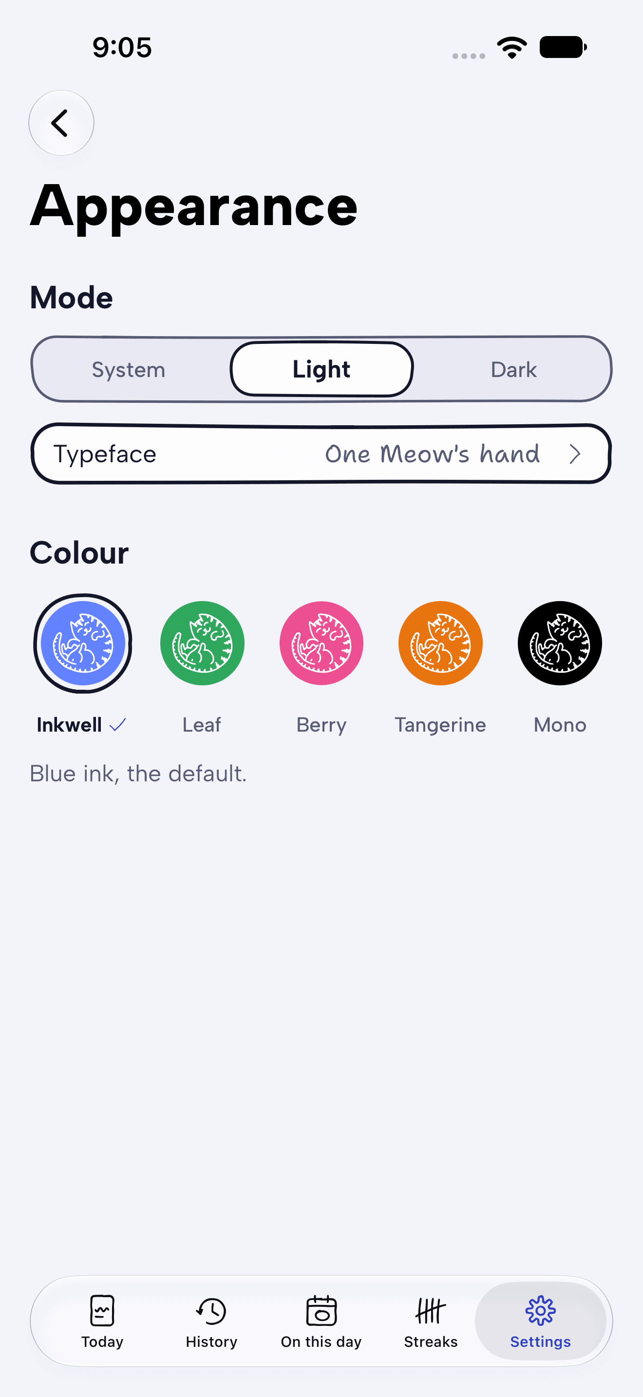 Appearance settings with the colour themes