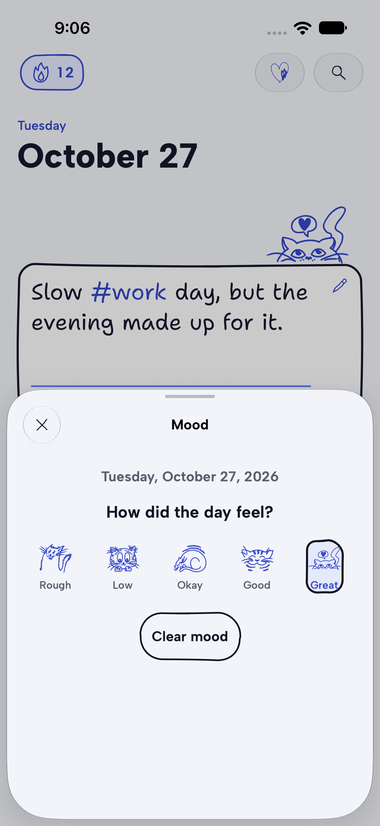 The mood picker with five cat faces from rough to great