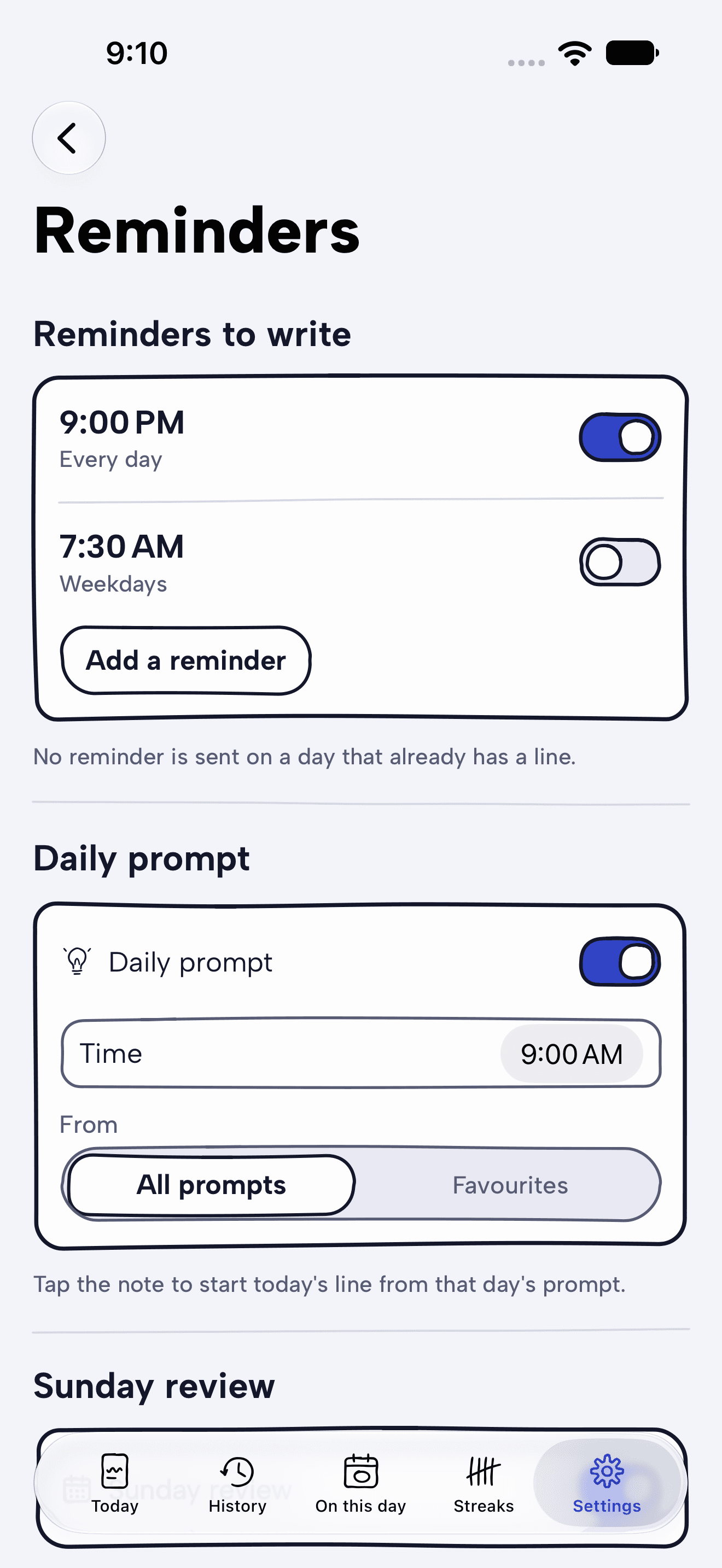 Reminder settings with a daily time