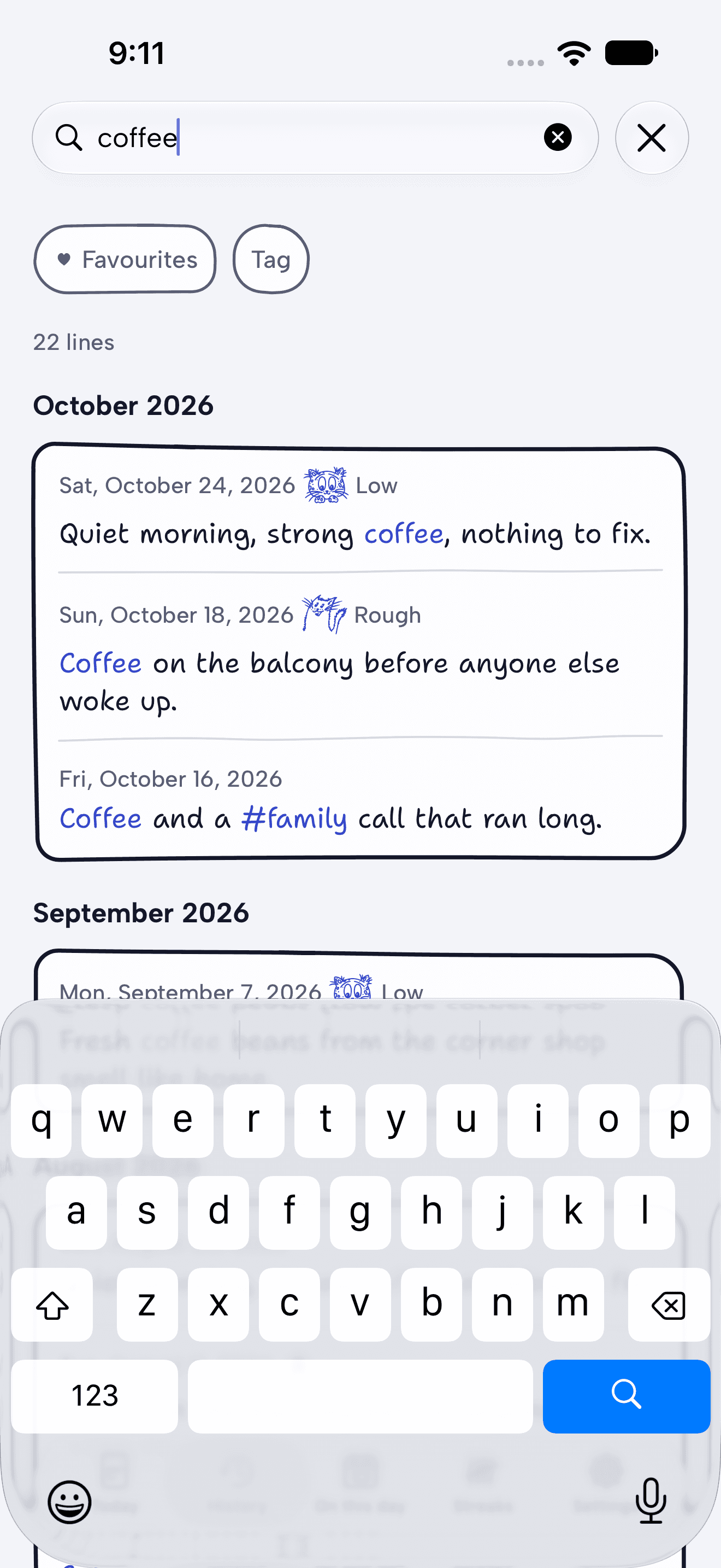 Search results for a word, with the matches highlighted