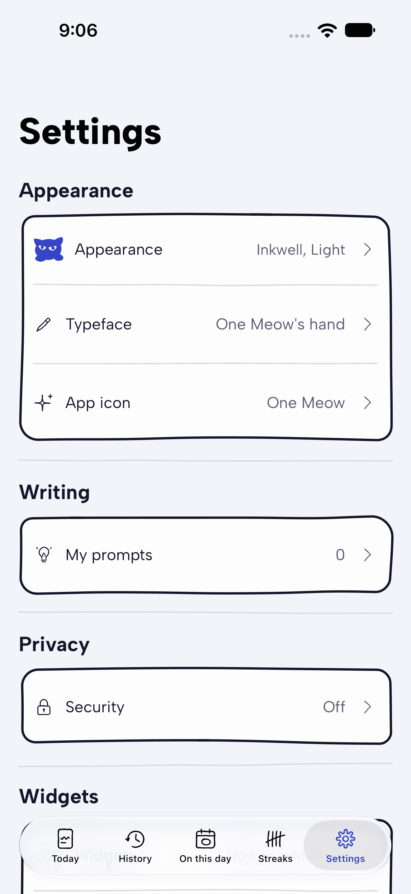 Settings with the lock, appearance and backup options