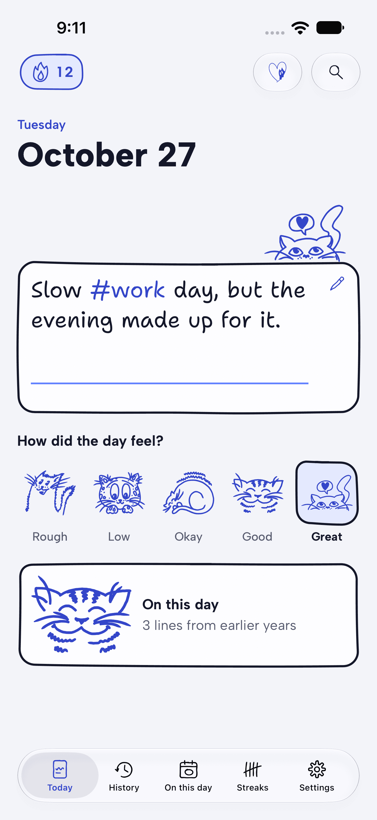 The Today page with a saved line, a mood row and an On this day card