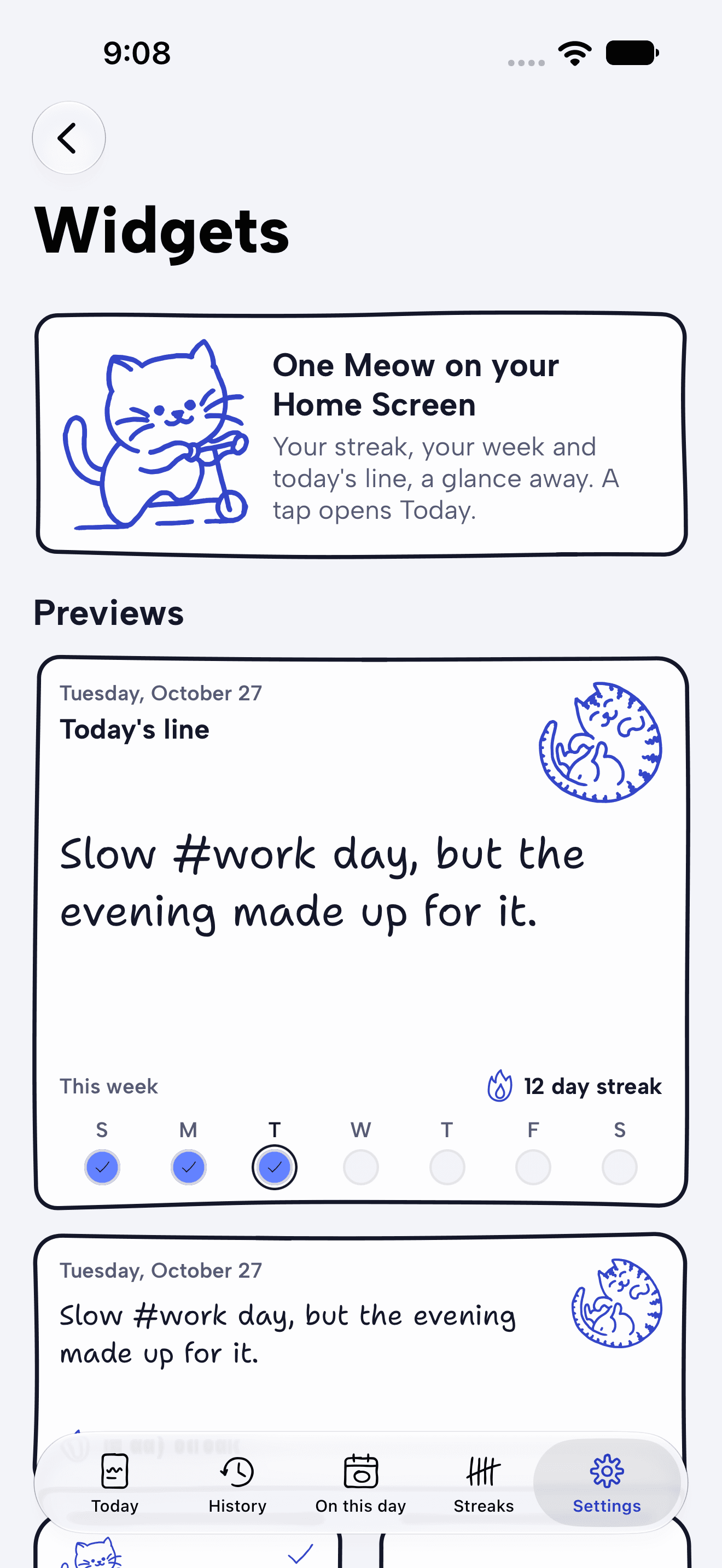 The widgets help page with the four widget sizes